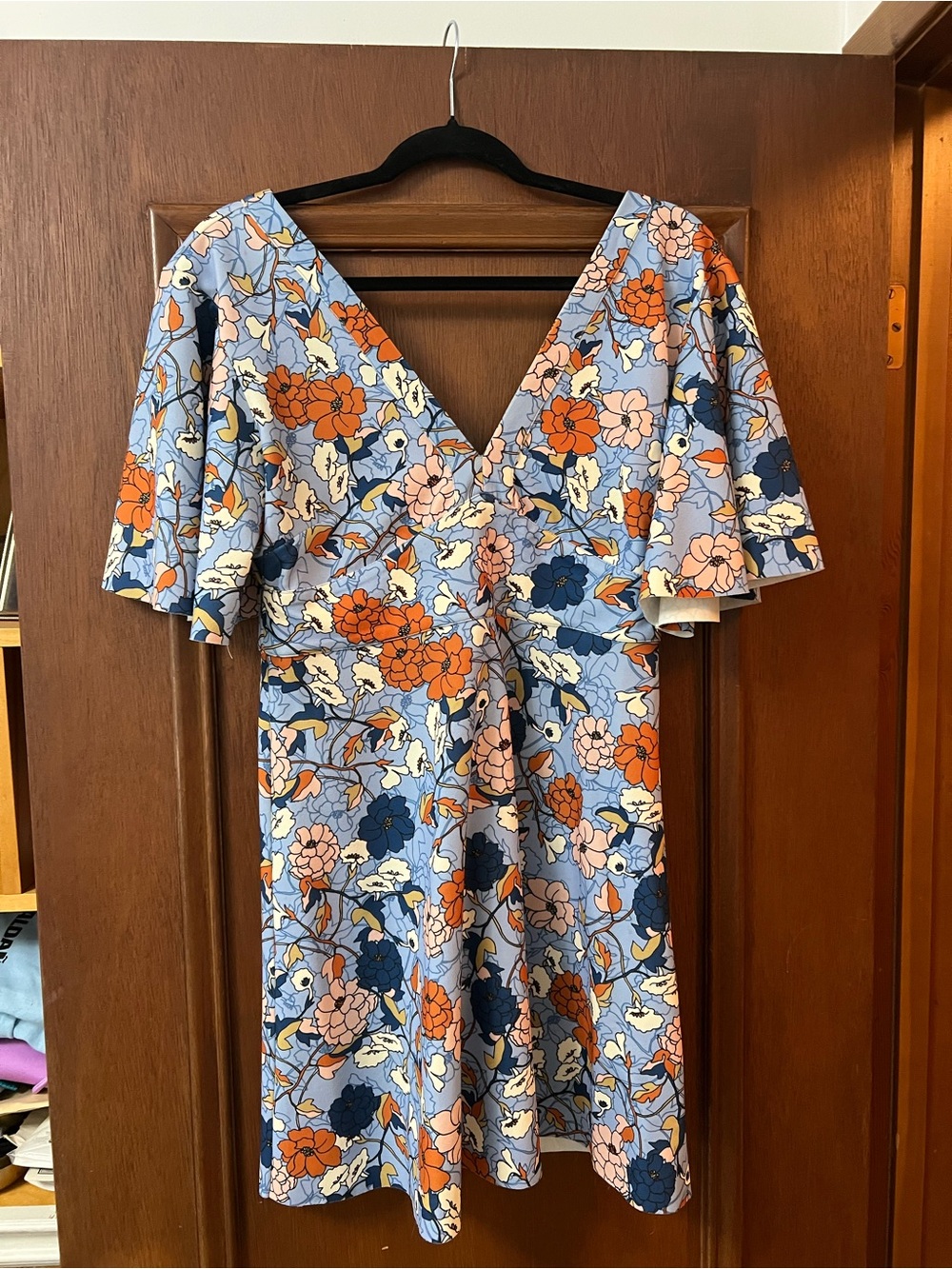 Zara Floral V-Neck Short Dress in Light Blue and Orange M/L